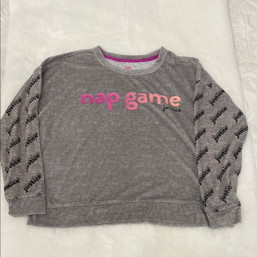 Justice Gray and Pink 'Nap Game' Girls Sweatshirt. Size: XL 16/18